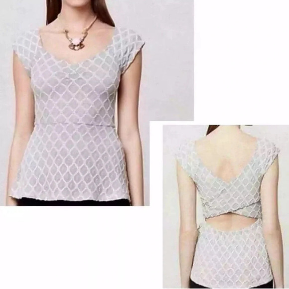 Deletta ANTHROPOLOGIE XL Diamond Lace Peplum Top Crisscrossed Back Cap Sleeve - Picture 1 of 10